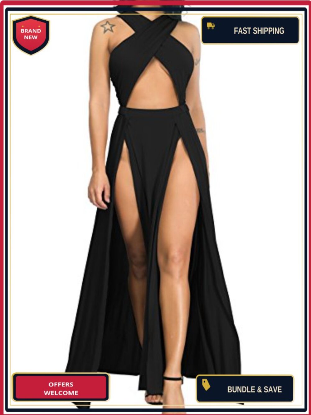 Women Sexy Hollow Out Halter Wrap Sleeveless Pleated Slit Casual Long Maxi Dress